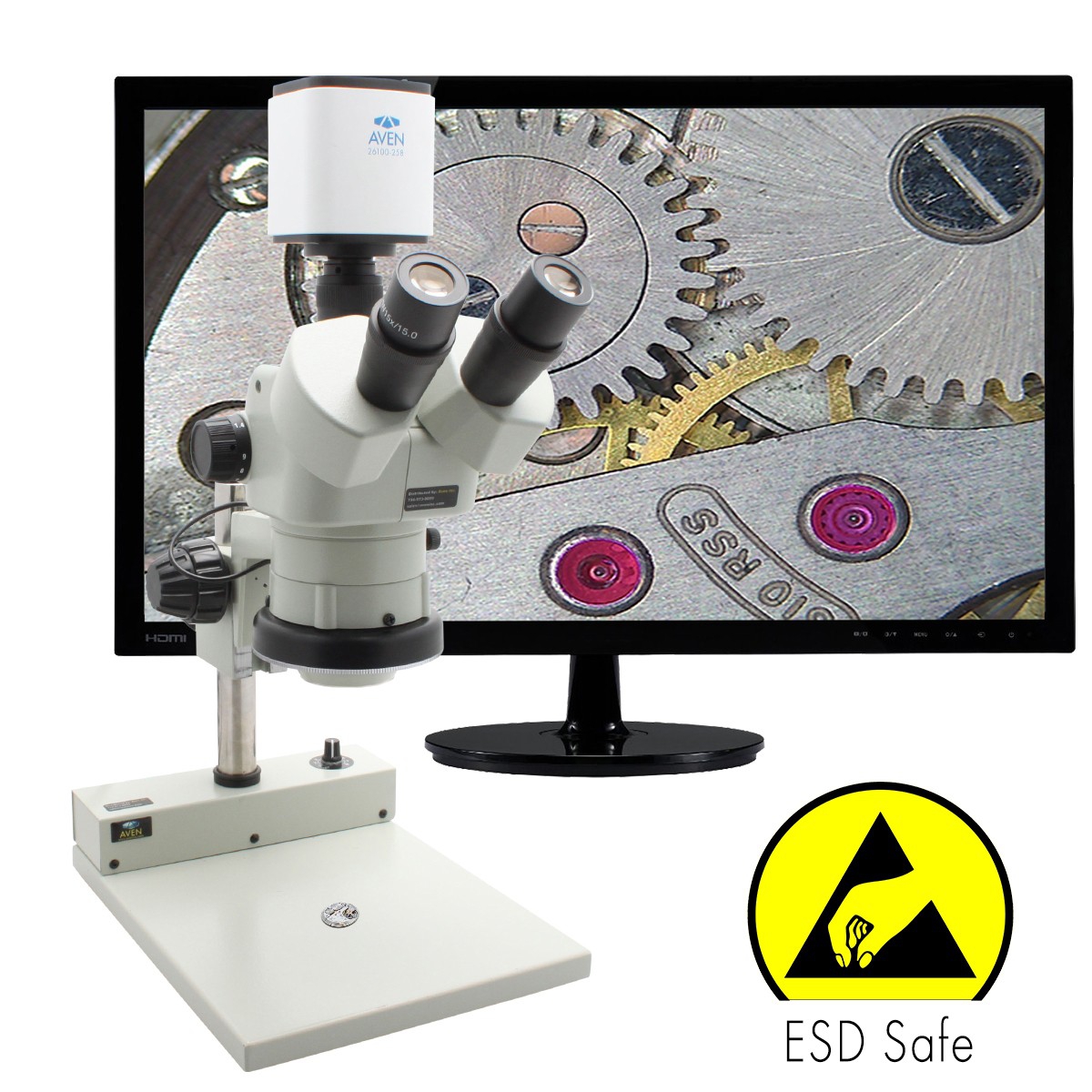 Stereo Zoom Trinocular Microscope SPZV 50E   6 7x   50x  with Mighty Cam Pro on PLED Stand ESD Safe SPZV 50E 258 514 ESD