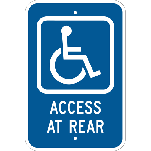 Handicap Access At Rear Sign  18  H x 12  W x  035  D  Aluminum 113314