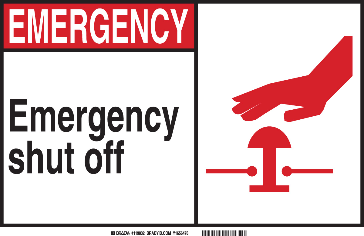 EMERGENCY  Shut Off Sign  5  H x 7  W x 0 006  D  Polyester 120118