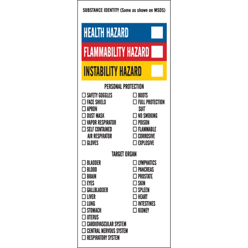 HEALTH HAZARD FLAMMABILITY HAZARD INSTABILITY HAZARD Labels  8  H x 3  W x 0 004  D  Black Blue Red Yellow on White 121147
