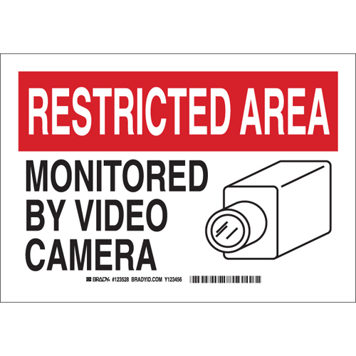 RESTRICTED AREA Monitored By Video Camera Sign  10  H x 14  W x 0 035  D  Aluminum 123529