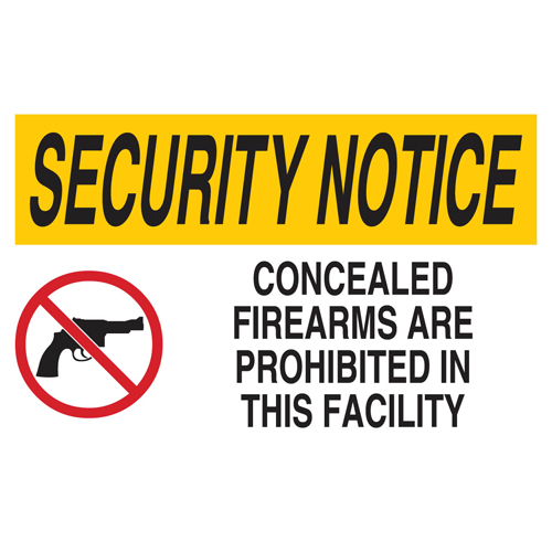 SECURITY NOTICE Concealed Firearms Are Prohibited In This Facility Sign  12  H x 18  W x 0 090  D  Black Blue Red Yellow on White 141797