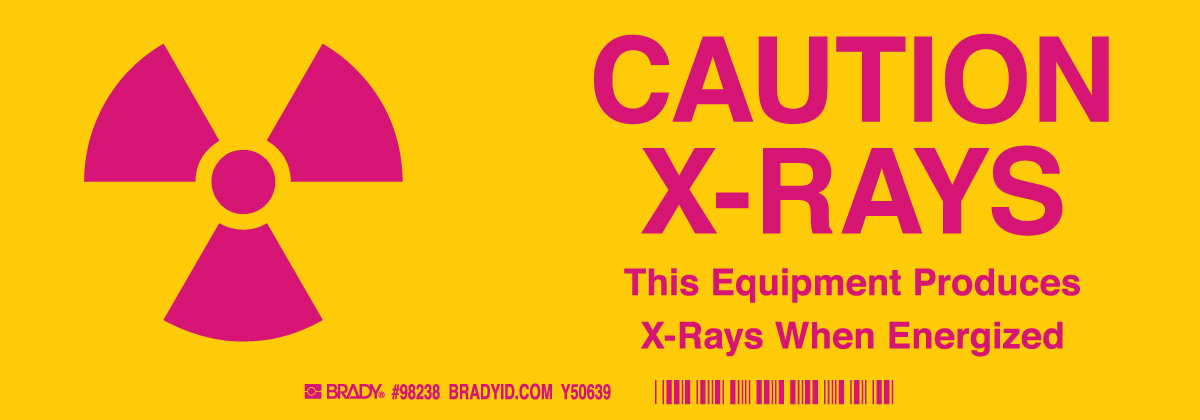 Caution X Rays This Equipment Produces X Rays When Energized Sign  3 5   H x 10   W x 0 006   D  Magenta on Yellow 20110KLS