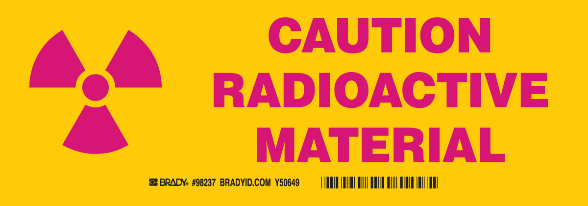 CAUTION Radioactive Material Sign  3 5   H x 10   W x 0 006   D  Magenta on Yellow 20111KLS
