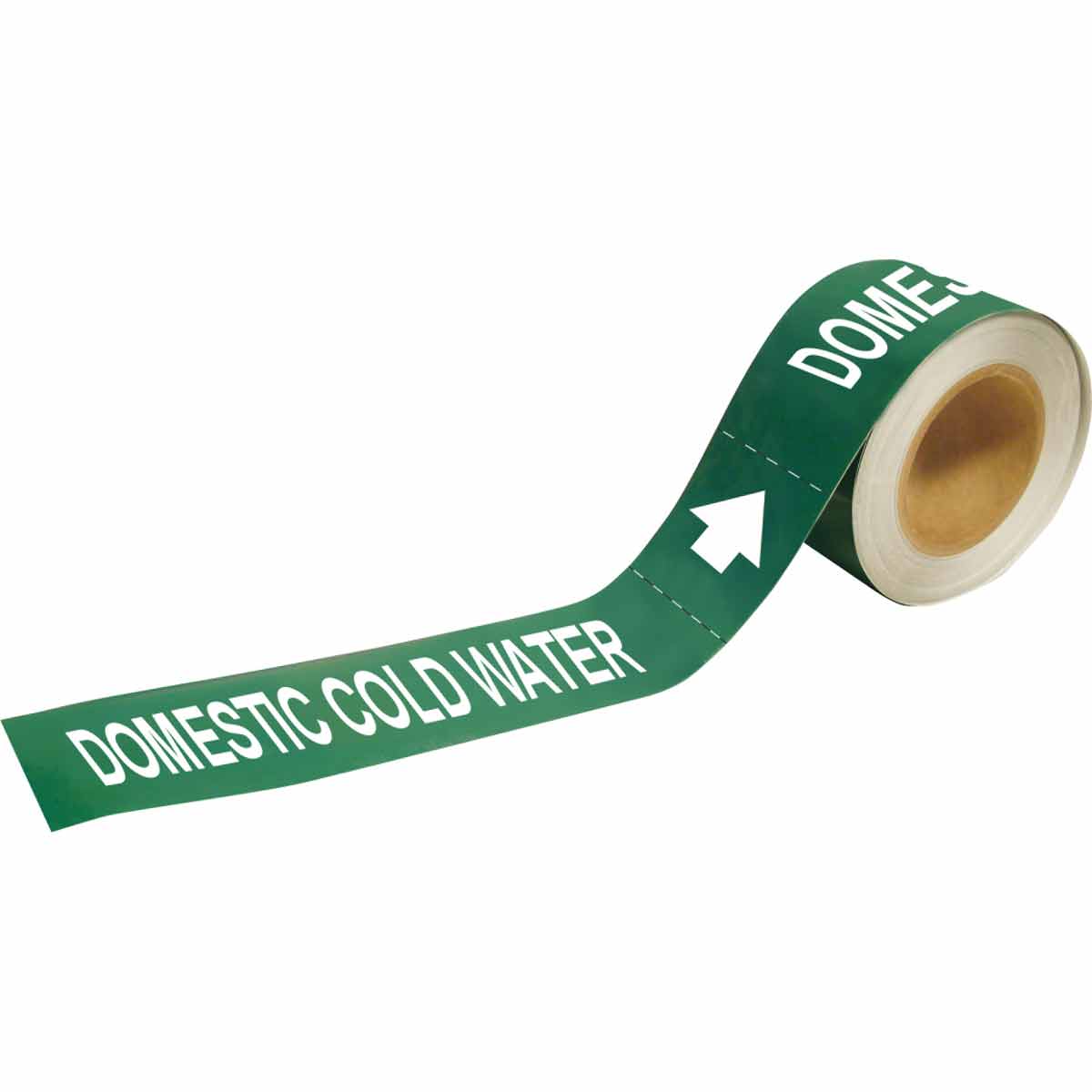 Self Adhesive Pipe Marker  DOMESTIC COLD WATER  2  H x 12  W  Roll of 25 Each  Fits Pipes 2 5  Dia  Thru 6  Dia  73886