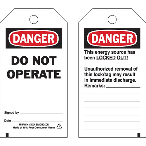 Tags DO NOT OPERATE SIGNED BY   DATE    Polyester 5 75 x 3  BK RD WH 25 PK 76224