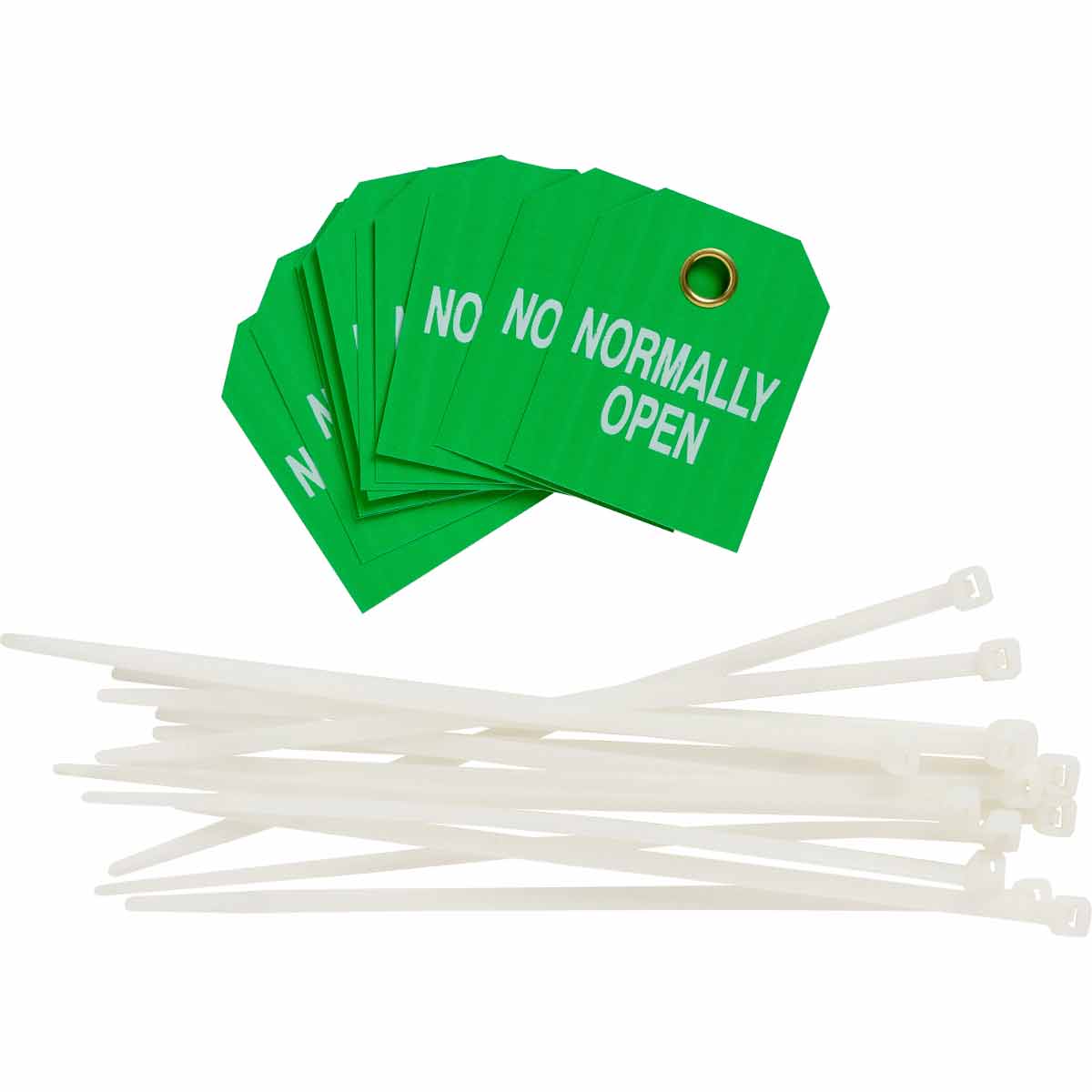 Valve Indicator Tag NORMALLY OPEN Polyester 2 5in H x 2in W White on Green 10 PK 89246