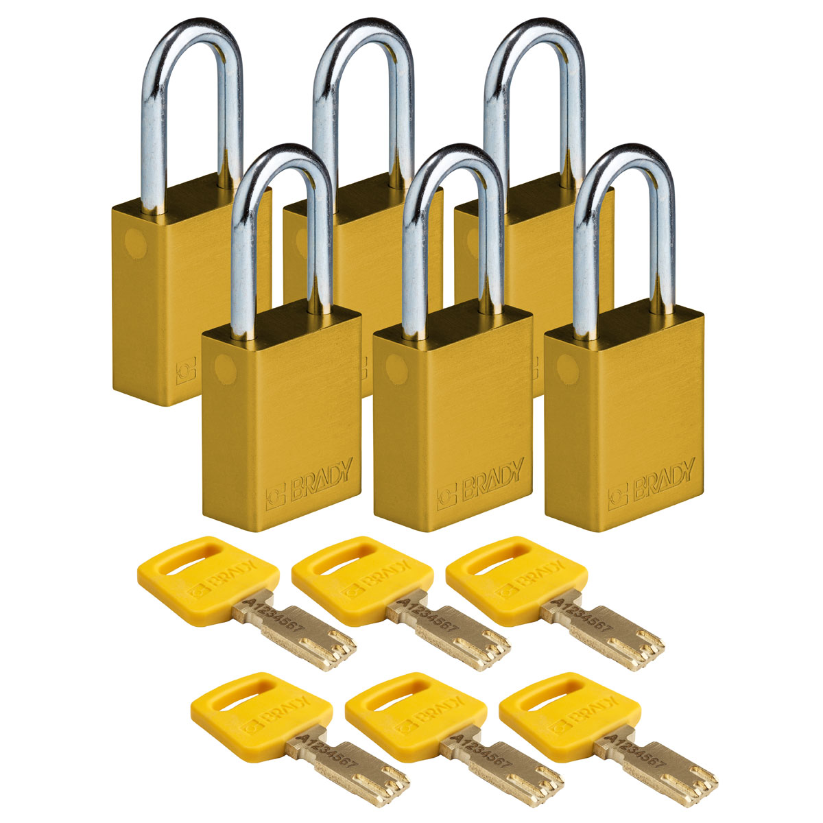 Standard SafeKey Anodized Aluminum Padlock 1 5 in Steel Shackle KA Yellow 6PK ALU YLW 38ST KA6PK