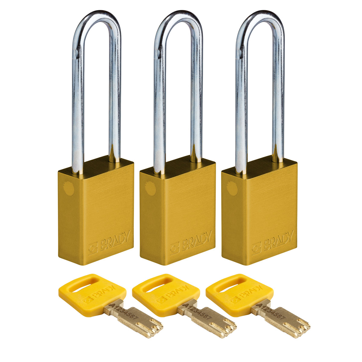 Standard SafeKey Anodized Aluminum Padlock 3 in Steel Shackle KA Yellow 3PK ALU YLW 76ST KA3PK